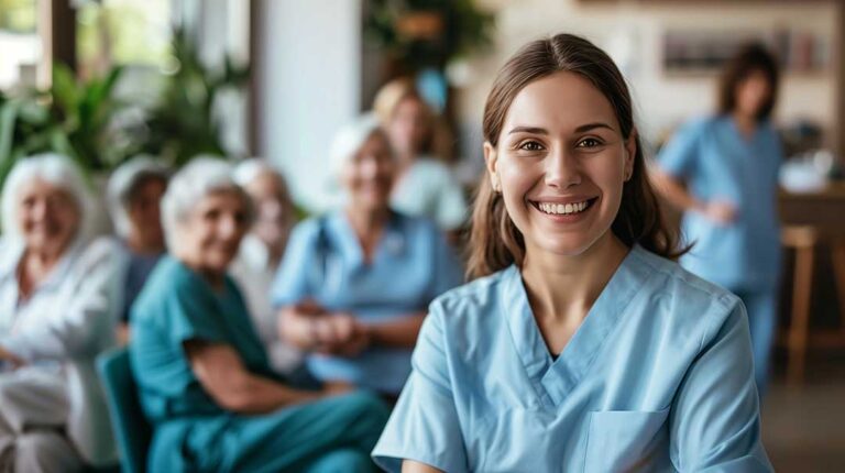 Two older adults receiving medication and support from a caregiver in a bright, comfortable residential setting.